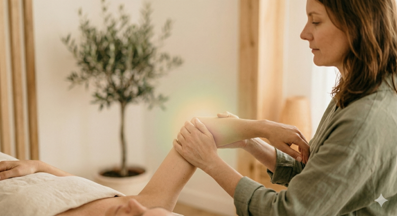 interaction thérapeutique douce et holistique, symbolisant l'union des pratiques manuelles, énergétiques et psychocorporelles (Shiatsu, Kinésiologie, Soins Énergétiques) au cœur du bassin rémois